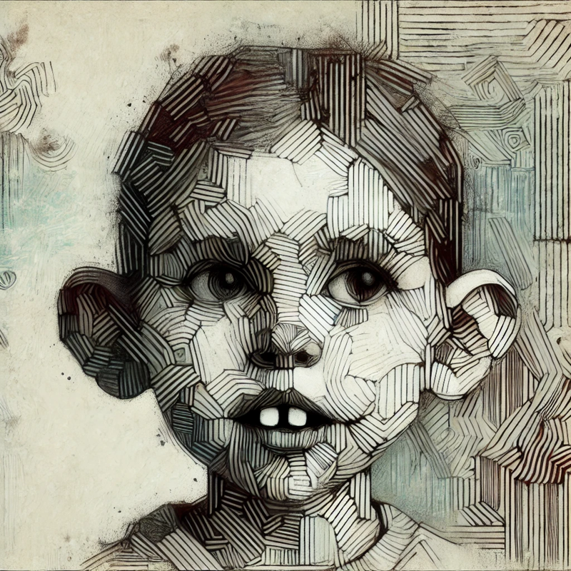 DALL·E 2024-10-18 05.12.16 - A childlike bioart tool caricature of a girl, created in rough line strokes with desaturated colors, enhanced with underpainting shading against an ab.webp